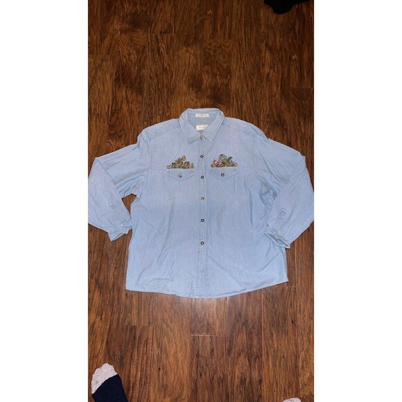 Vintage foxcroft denim/ chambray button with safari embroidery zoo denim animals - Picture 2 of 7